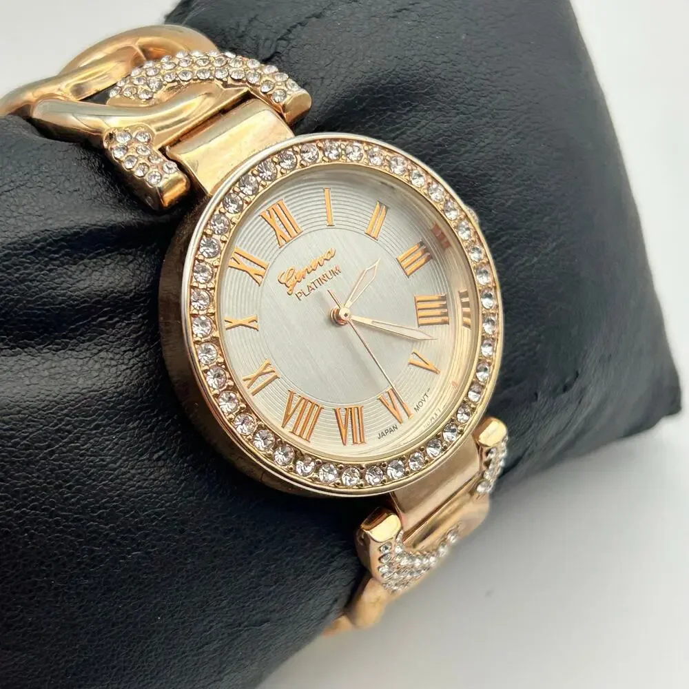 Geneva Platinum Women's Rose Gold Tone Crystal Accents Cuff Band Watch